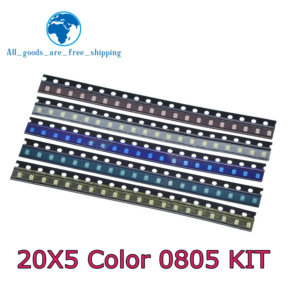 TZT 1bag=100pcs 5 Colors SMD 0805 Led DIY kit Ultra Bright Red/Green/Blue/Yellow/White Water Clear LED Light Diode set
