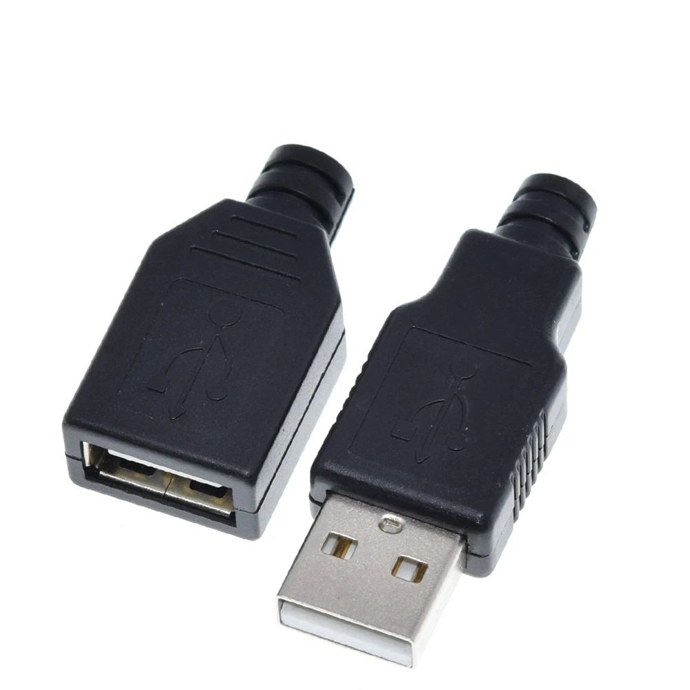 TZT 1/5Set Type A Male USB 4 Pin Plug Socket Connector +Type A Female USB 4 Pin Plug Socket Connector With Black Plastic Cover