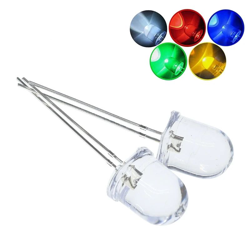 10/50PCS 10mm LED 5 Colors Red Blue Yellow Green White Transparent 20mA 0.75W Ultra Bright Round LED Light Emitting Diode Lamp