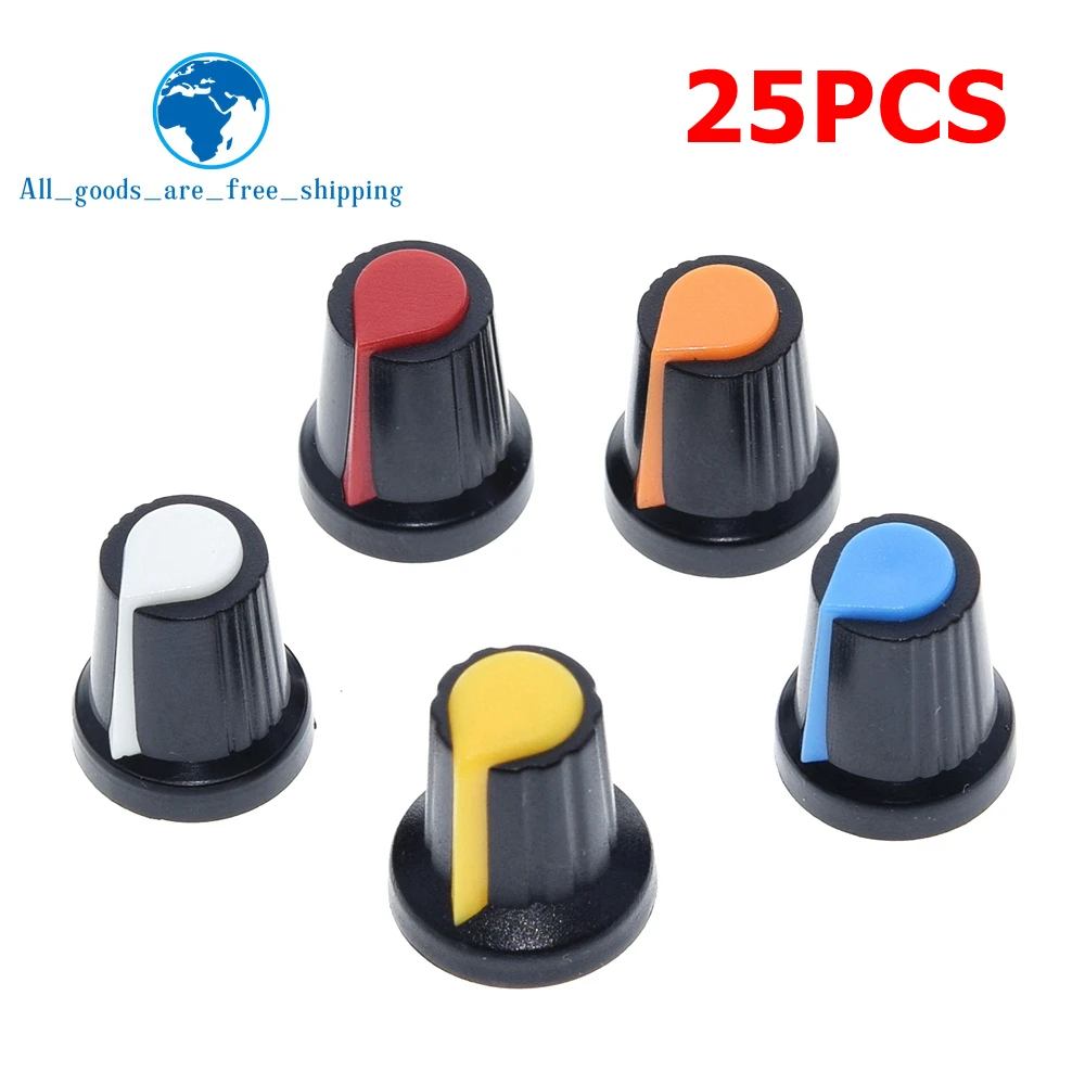 TZT 25PCS/lot WH148 Potentiometer Knob Kit Plastic Knobs Cap 6mm Shaft Hole AG2 Yellow Orange Blue White Red 5value*5PCS=25PCS