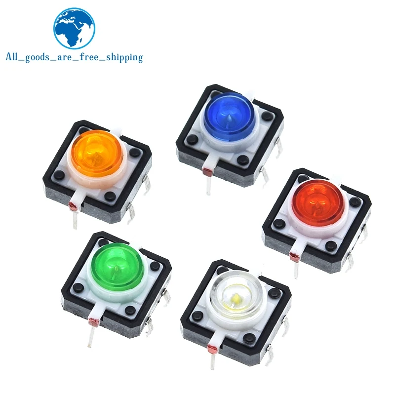 TZT 5PCS 12X12X7.3mm Tactile Push Button Switch Momentary Tact LED 5 Color 12*12*7.3mm 12*12*7.3 Red Green Blue Yellow White