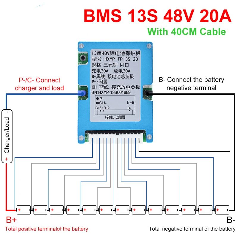 TZT BMS 13S 48V 20A Lmo Ternary Li-ion Lithium 18650 Battery Charge Protection Board With Heat Sink Common Port 2-in-1