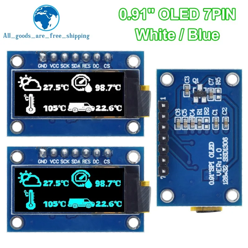 TZT 1/3pcs SSD1306 7PIN 0.91 inch 128x32 SPI OLED Module 0.91″ OLED Display Module White Blue OLED Screen Board For Arduino