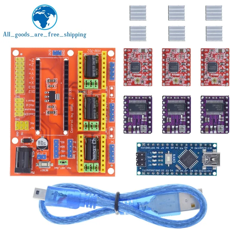 TZT 1SET 3DV4 CNC Shield V4 + Nano 3.0 + 3pcs DRV8825 or A4988 Reprap Stepper Drivers Set For Arduino