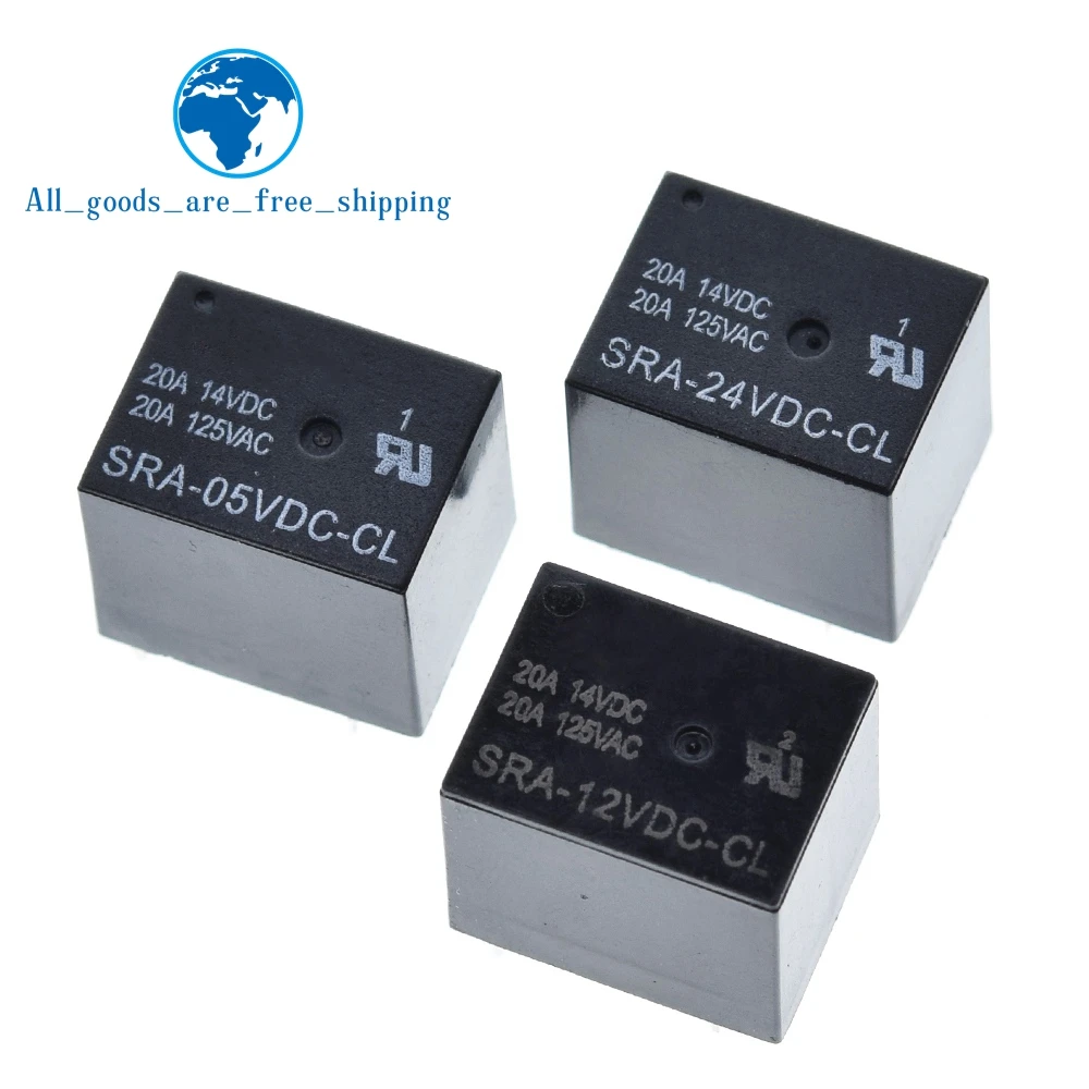 TZT 1/5/10Pcs 5V 12V 24V 20A DC Power Relay SRA-05VDC-CL SRA-12VDC-CL SRA-24VDC-CL 5Pin PCB Type In stock Black Automobile relay