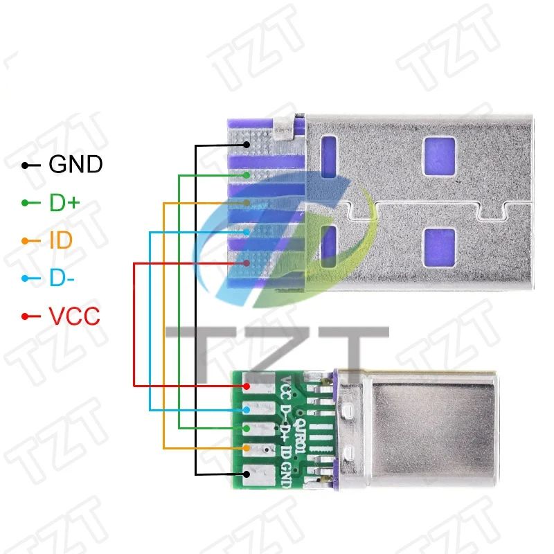 TZT PD Fast Charge Type-C USB 65W 5A Male Connector Welding With 5Pin PCB + Type A Male 5Pin USB DIY OTG Data Charge DIY KIT
