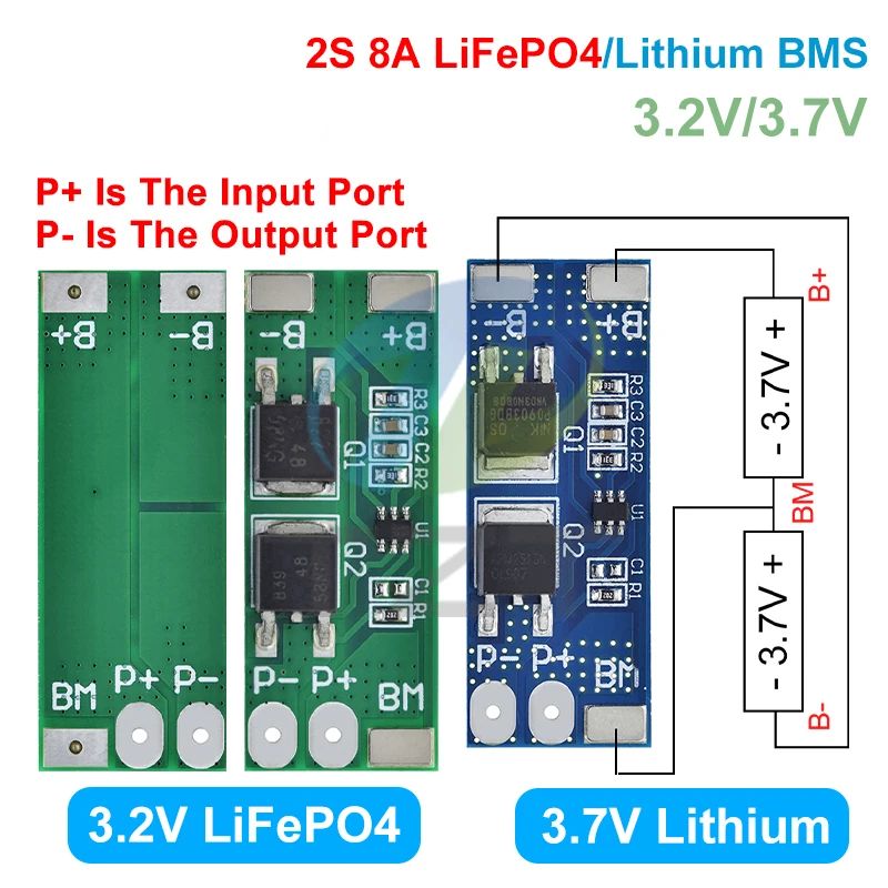 1/5PCS BMS 2S 3.2V 3.7V 8A LiFePO4 / Lithium Battery Charge Protection Board 15A Peak Current 6.4V 7.2V 18650 32650 Battery
