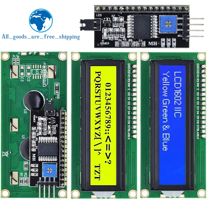 LCD1602+I2C Module Blue / Yellow Green Screen 16x2 Character LCD Display PCF8574T PCF8574 IIC I2C Interface 5V for arduino