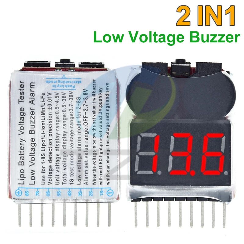 TZT 1/3pcs 1-8S Lipo/Li-ion/Fe RC helicopter airplane boat etc Battery Voltage 2 IN1 Tester Low Voltage Buzzer Alarm