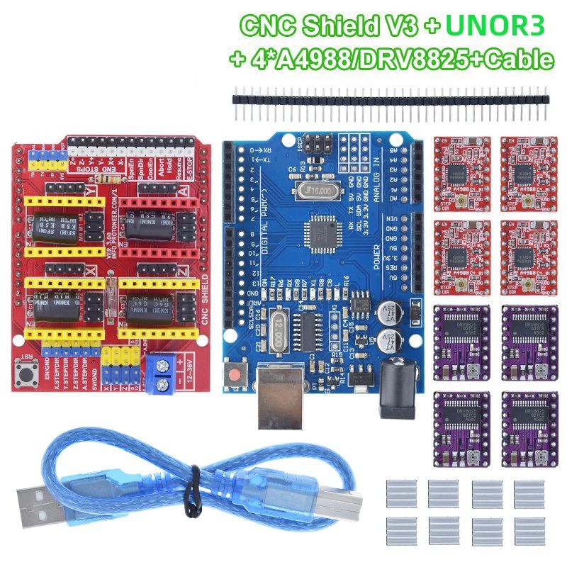 TZT CNC Shield V3 Engraving Machine 3D Printe+ 4pcs DRV8825 Or A4988 Driver Expansion Board For Arduino + UNOR3 With USB Cable