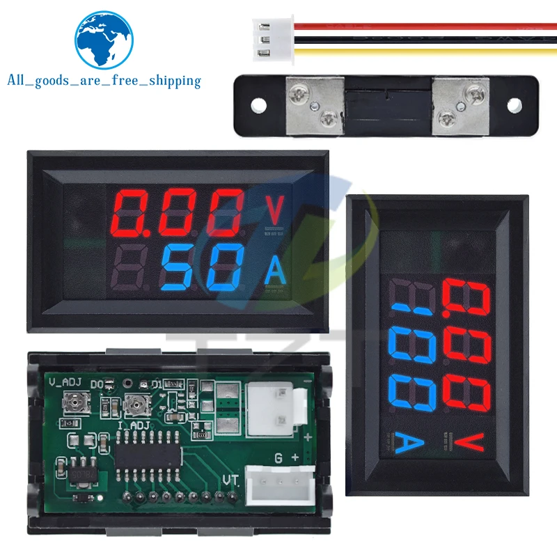 TZT DC 6-120V 50A 100A Digital Current Voltage Tester Module Blue+ RED Dual LED Display Panel With Shunt