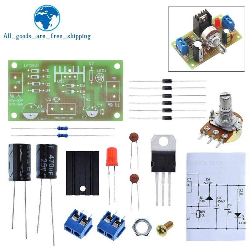 TZT 1/3pcs LM317 Adjustable Power Supply Kit Continuous Adjustable DC Power Supply DIY Teaching Training Parts