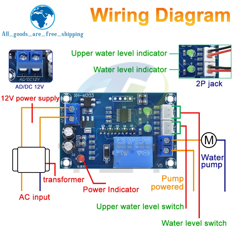 TZT 1/3PCS XH-M203 Full Automatic Water Level Controller Pump Switch Module AC/DC 12V Relay