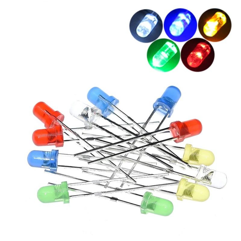 TZT 10/100pcs F3 3mm LED Diode Light Assorted Kit Green Blue White Yellow Red COMPONENT DIY kit