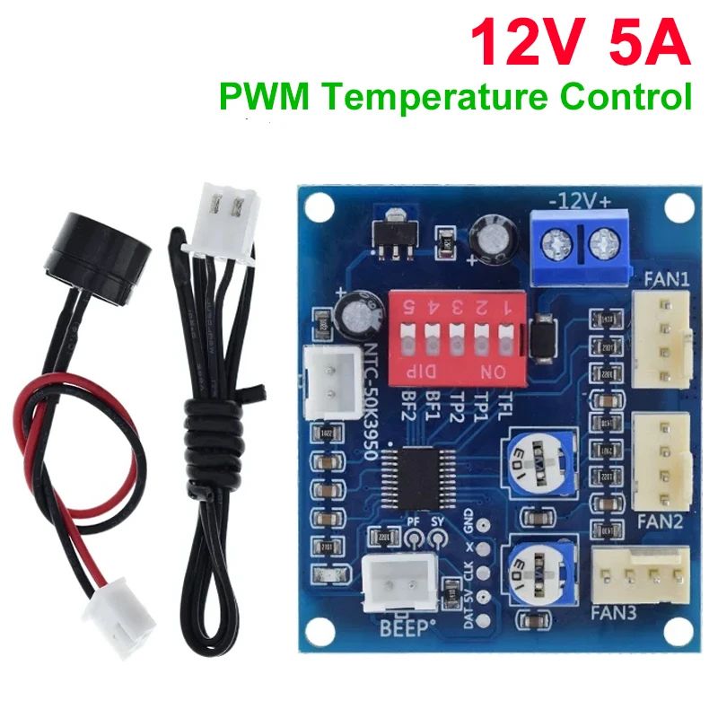 1/3PCS PC CPU Fan Temperature Control Speed Controller Module DC 12V 5A PWM Buzzer High-Temp Alarm NTC B 3950 Thermistor 50K