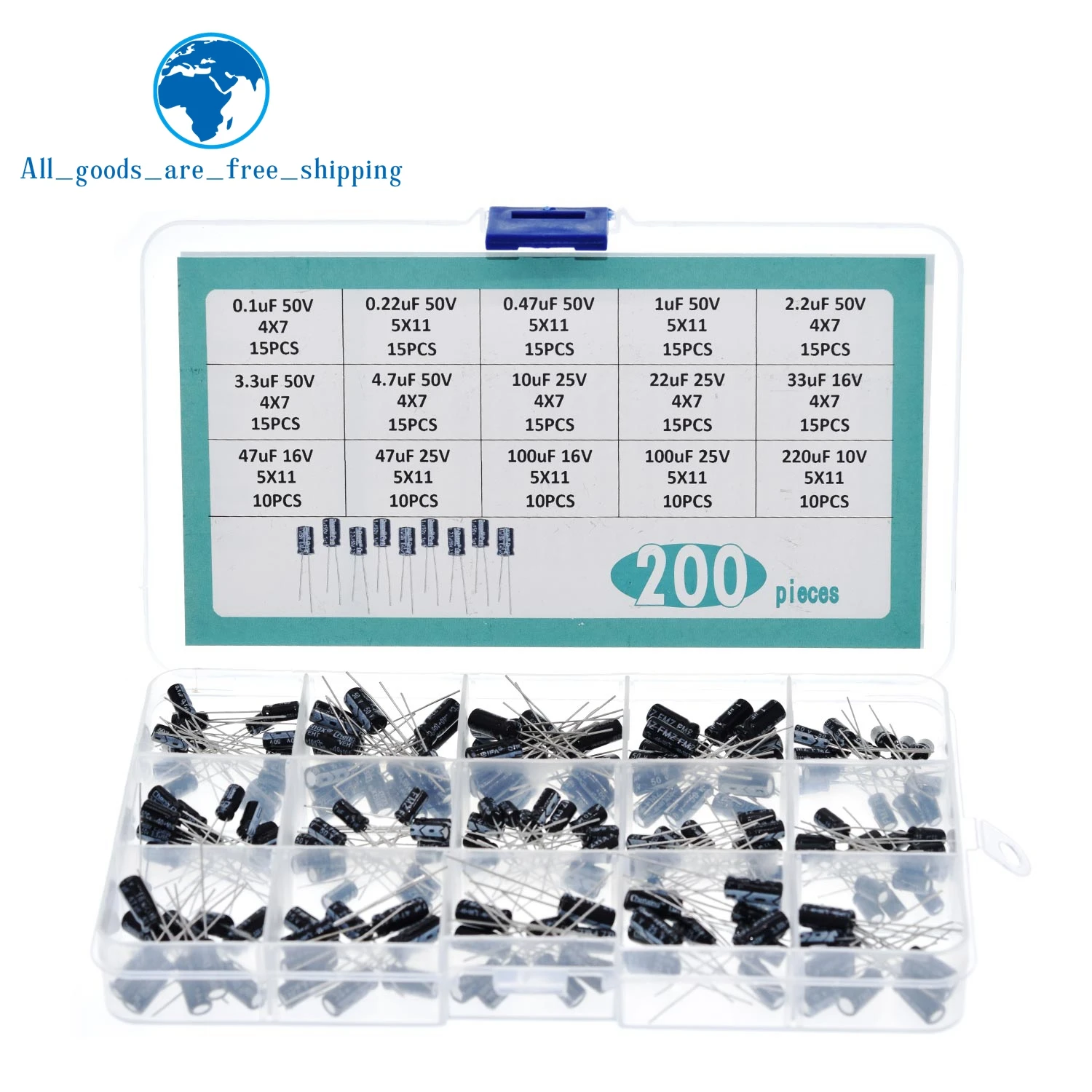 TZT 200pcs Radial Capacitors Set 15Values 10V 16V 25V 50V 0.1uF-220uF Electrolytic Capacitor Assortment Kit 0.22uf 2.2uf 100uf