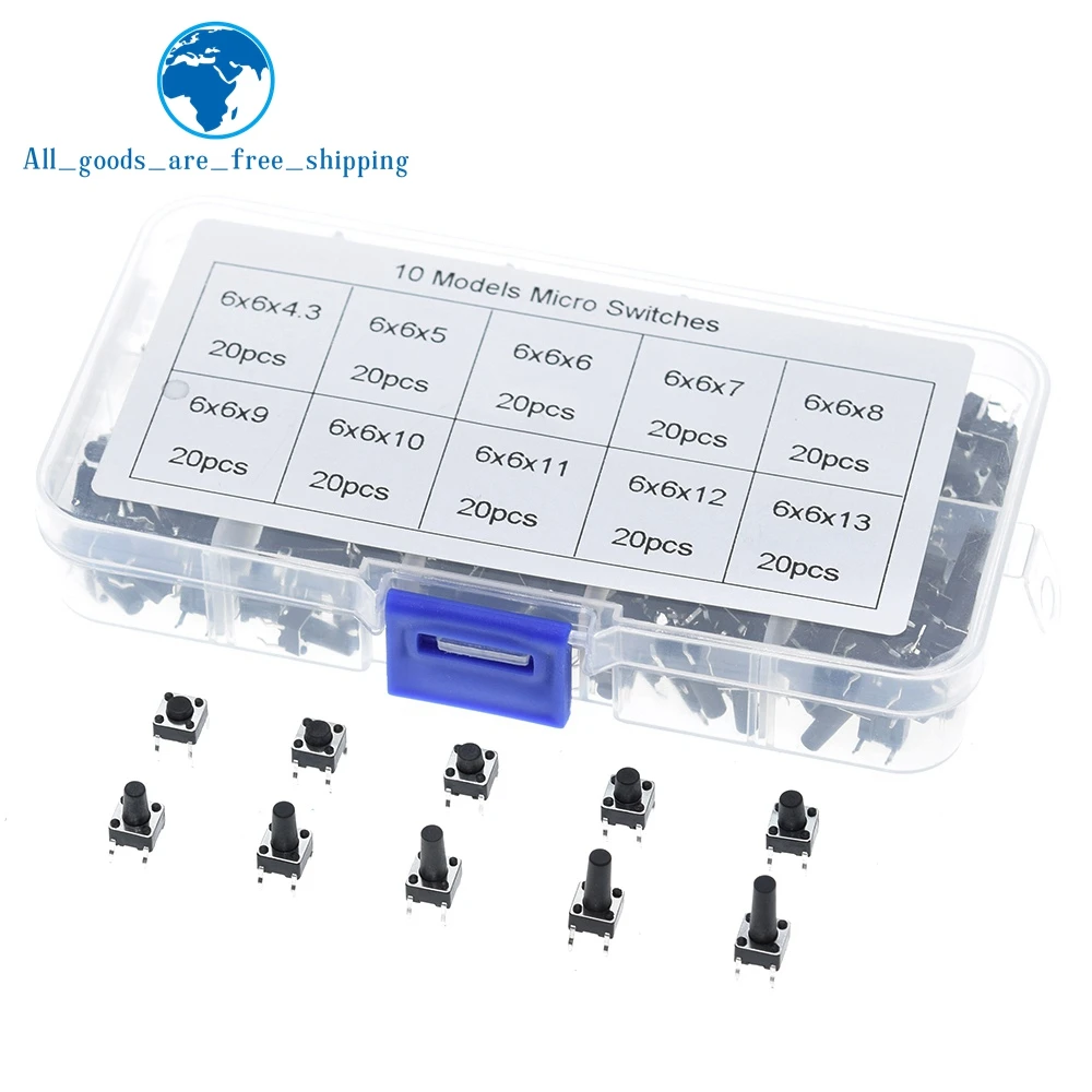 TZT 100/200pcs 10 models 6*6 Tact Switch Tactile Push Button Switch Kit, Height: 4.3MM~13MM DIP 4P micro switch 6x6 Key switch
