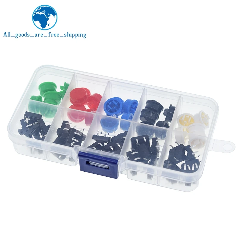 25PCS Tactile Push Button Switch Momentary TZT 12*12*7.3MM Micro switch button + 25PCS Tact Cap(5 colors) for Arduino with Case