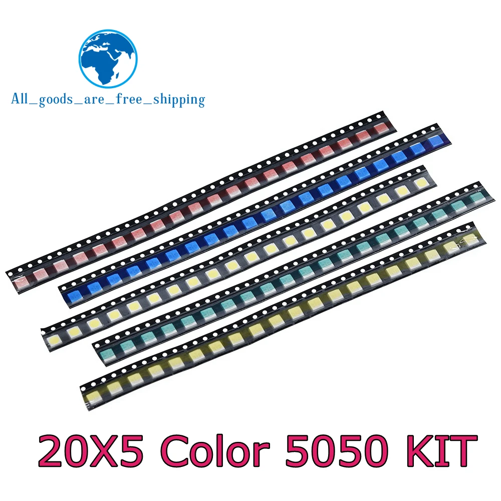 100PCS/LOT TZT 5050 SMD White Red Blue Green Yellow 20pcs each Super Bright 5050 SMD LED Diodes Package Kit