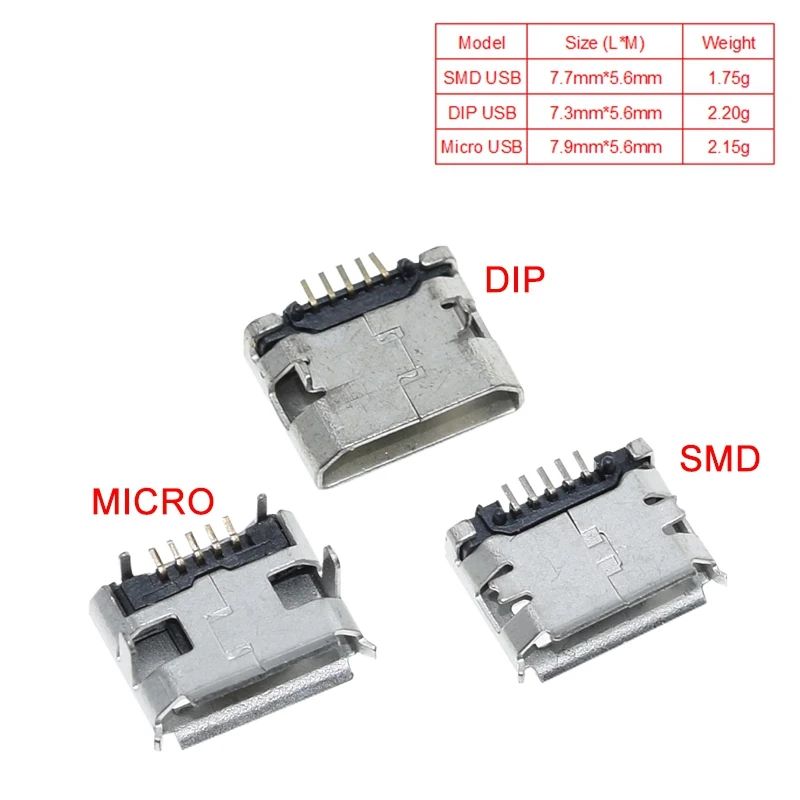 TZT 10pcs/100PCS Micro USB 5pin Female Usb Socket Flat mouth four legs socket mini usb connector