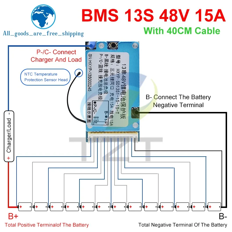 BMS 13S 48V 15A Lmo Ternary Li-ion Lithium 18650 Battery Charge Protection Board TZT With Heat Sink Common Temperature Control