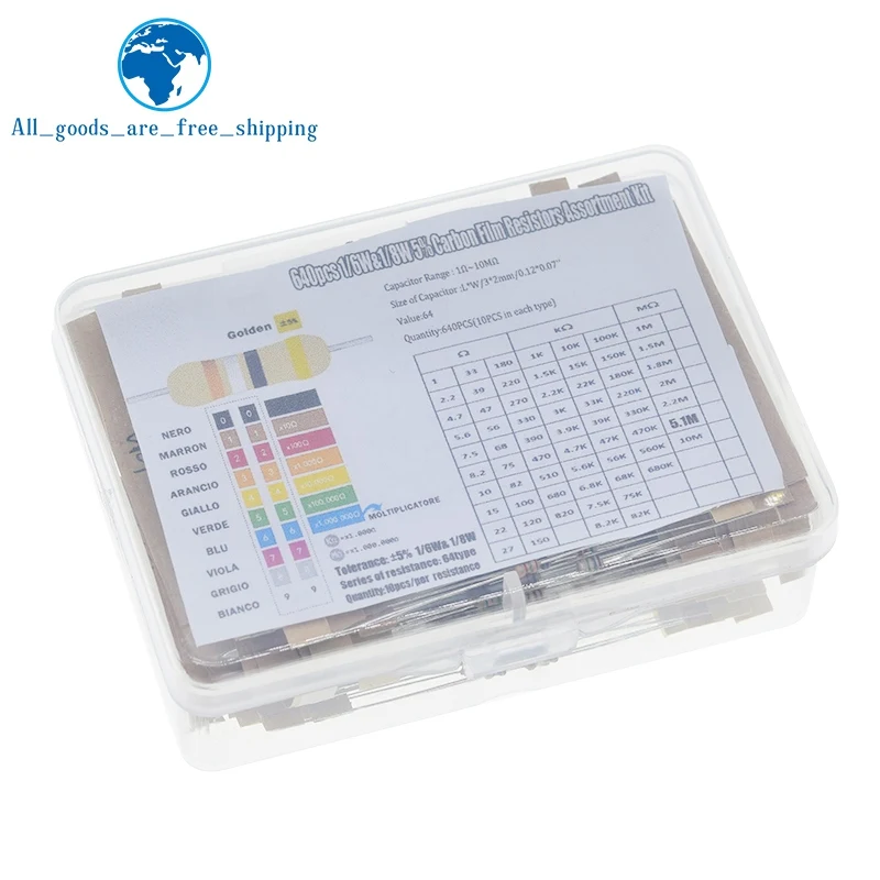 TZT 1/8W 5% 640pcs 64 Values 1R - 10MR 0.125W Resistors Assorted Kit Set