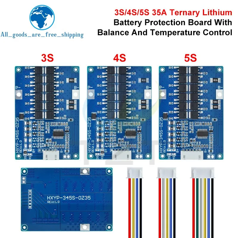 3S 4S 5S 35A 60A 12.6V 14.8V 21V BMS Lithium Battery Charging Protection Board NTC Resistors With Balance Temperature Control