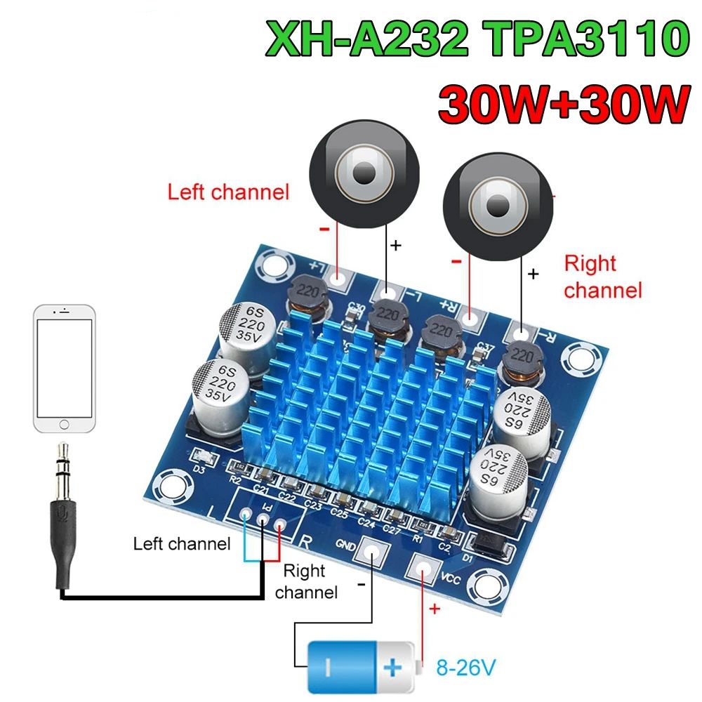 TZT 1/2/3PCS Official TPA3110 XH-A232 30W+30W 2.0 Channel Digital Stereo Audio Power Amplifier Board DC 8-26V 3A