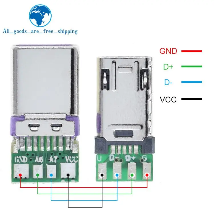 TZT NEW Micro Male Plug With PCB Solder Plate Double-sided Micro 5P Plug Usb Connector+ Type-C Male USB Connector With 4Pin PCB
