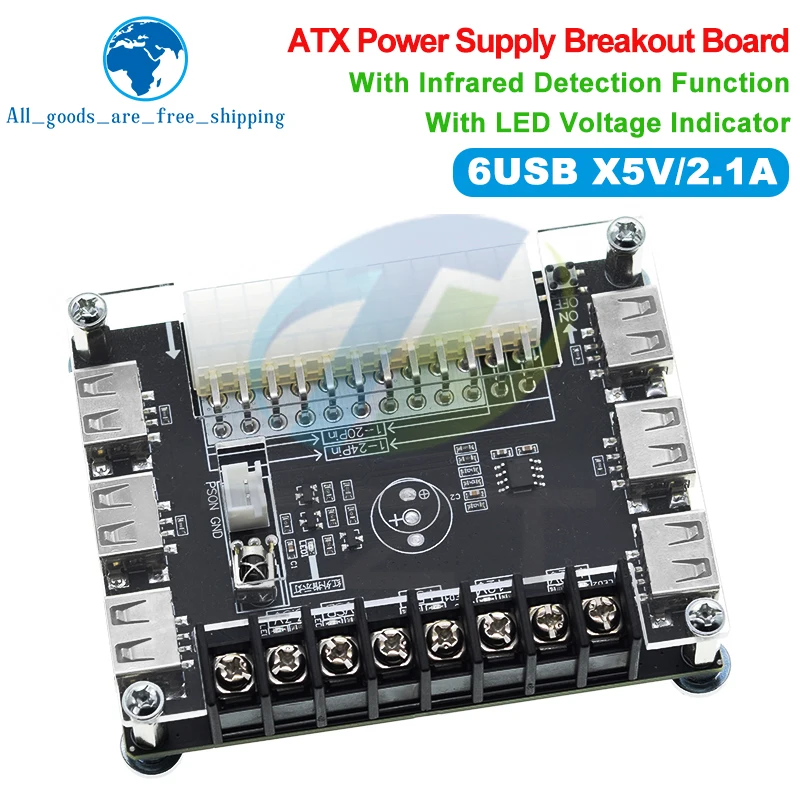 TZT 24 Pins ATX Power Supply Breakout Board With Acrylic Case Kit Module Adapter Power Connector Support 3.3V/5V/12V 1.8V-10.8V