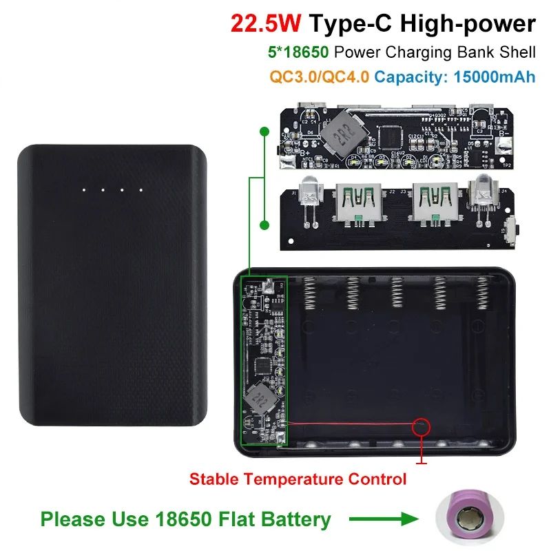 5V 4.5A 22.5W 5*18650 Power Bank Battery Box QC4.0 QC3.0 Dual USB Micro/Type-C USB 15000mAh Mobile Phone Charger DIY CASE