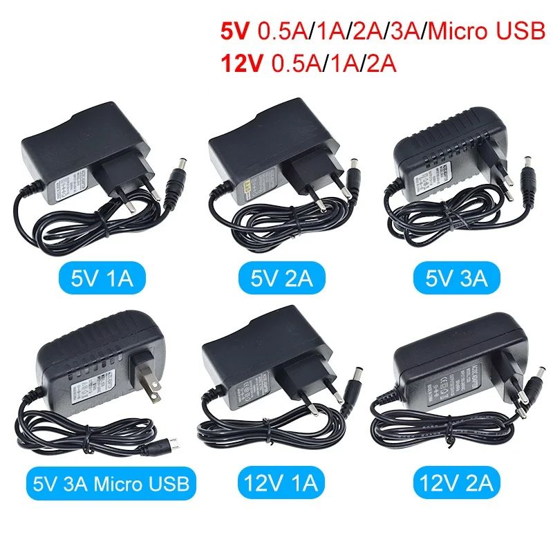 TZT 1/3PCS AC 100-240V to DC Power Supply Charger 5V 12V 1A 2A 3A 0.5A EU Plug 5.5mm x 2.5mm Plug Micro USB for Arduino