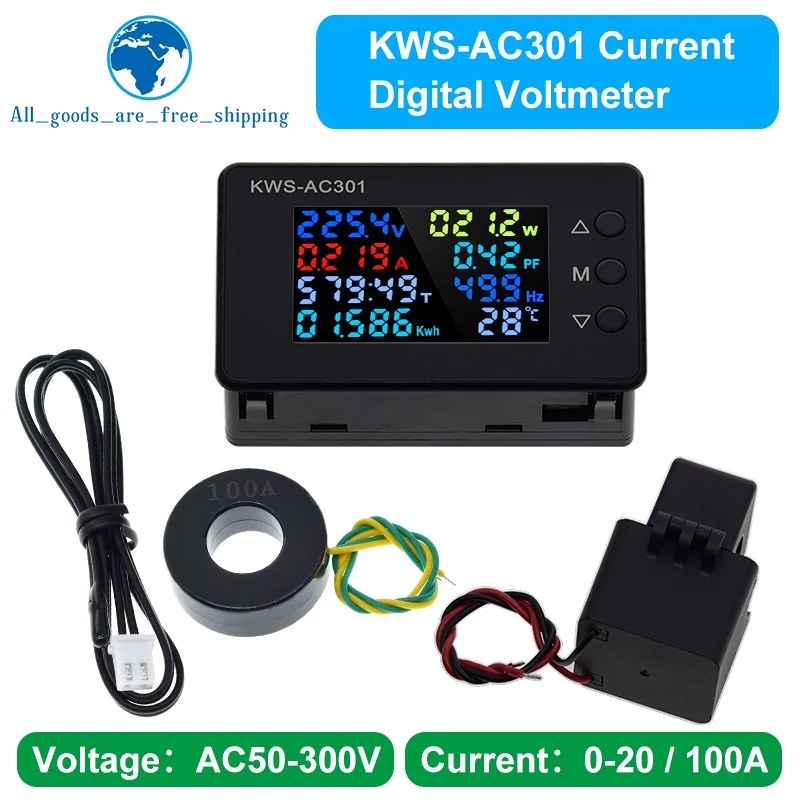 KWS-AC301 AC300 Digital Current Voltage Tester Module AC 50-300V Power Energy Meter AC Electricity Meter 0-20/100A