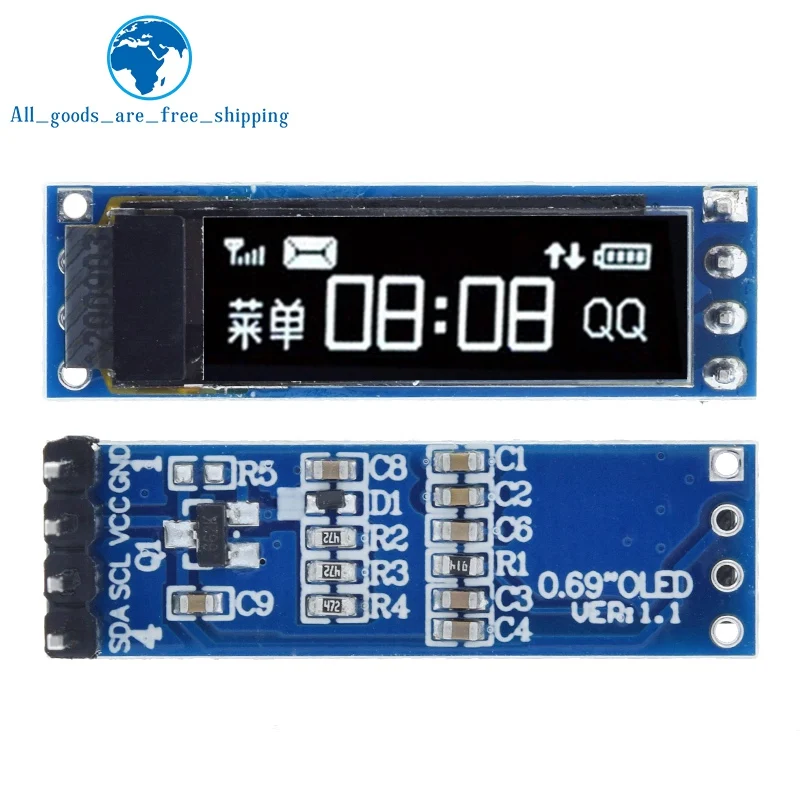 TZT 0.69 inch 96x16 OLED Display Module White Display 0.69″ SSD1306 LCD Screen Control Board For Arduino 3-5.5V IIC Interface