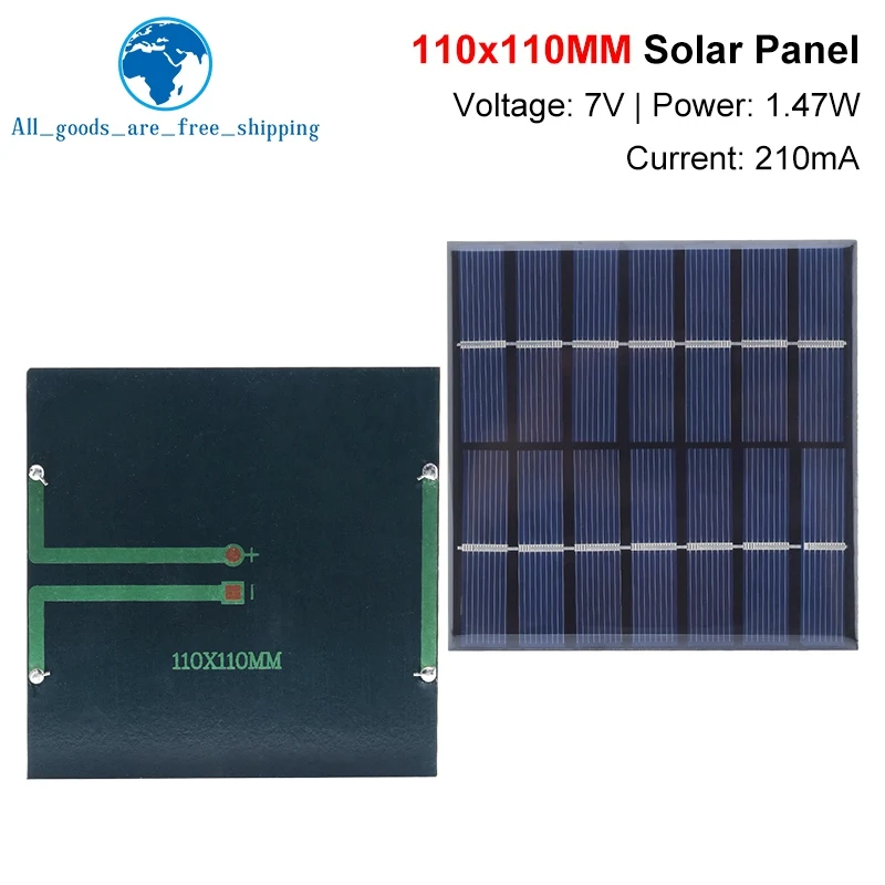 TZT 1/3PCS 7V 210mA 1.47W Solar Panel Polycrystalline 110*110MM Mini Sunpower Solar System DIY for Battery Cell Phone Charger