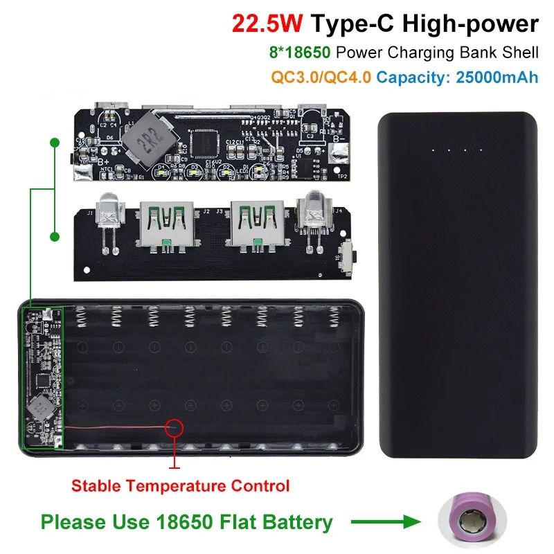 5V 4.5A 22.5W 25000mAh Mobile Phone Charger DIY Shell Case 8*18650 Power Bank Battery Box QC4.0 QC3.0 Dual USB Micro/Type-C USB