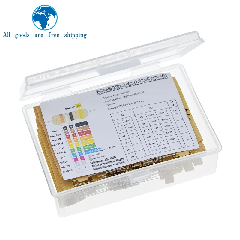 TZT 300pcs 30value Rang 10ohm-1Mohm 1/2W 5% Metal Resistors Assortment Kit Set 30 Values Resistors