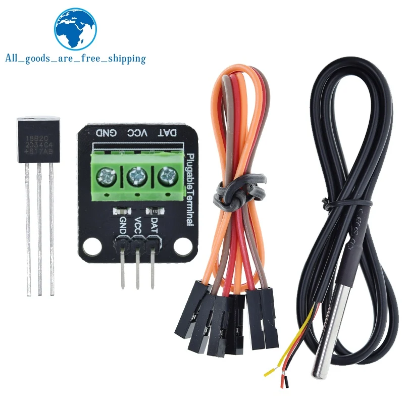 DS18B20 DS1820 Temperature Sensor Module Waterproof 100CM Digital Detection Cable Stainless Steel Probe Terminal Adapter