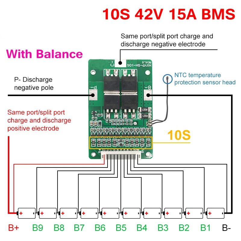TZT 10S 42V 15A BMS Polymer Cell 18650 Lithium Battery Protection Board With Balance Built-in NTC Temperature Control