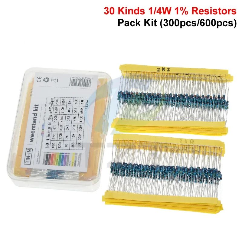 600pcs/set 30 Kinds TZT 1/4W Resistances 1% Resistors Pack Assorted Kit 1K 10K 100K 220ohm 1M Resistors 300pcs/set