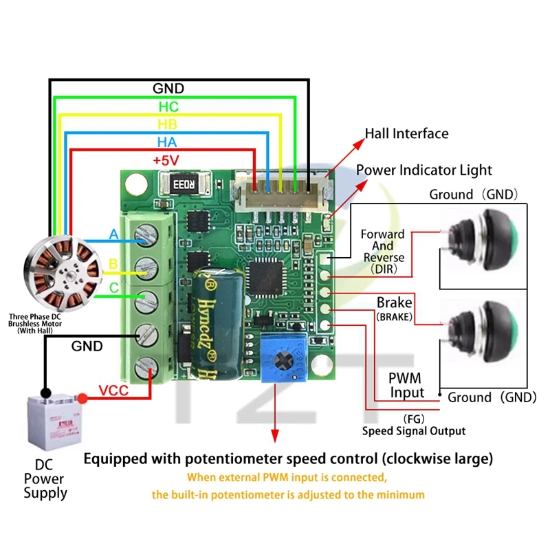DC6-28V ZS-X12H 0-100W Brushless Motor Speed Controller With Hall BLDC Drive Board Module With Cable Power Supply Accessories