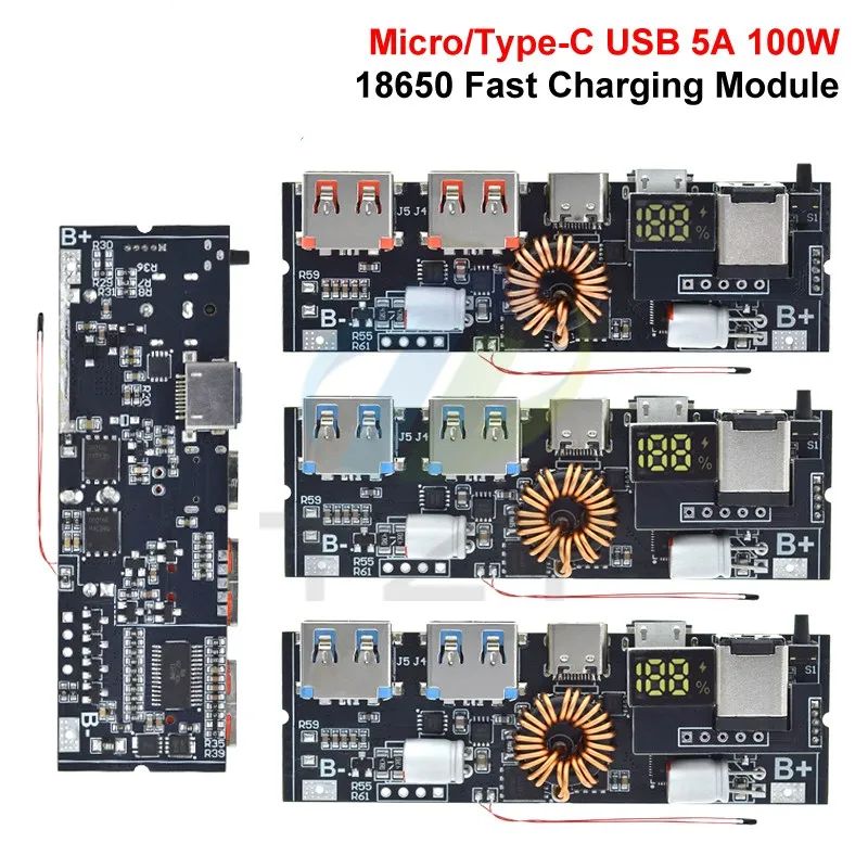 TZT 1/3pcs QC4.0 QC3.0 LED Dual USB PD Fast Charge 5A 100W Micro/Type-C USB Mobile Power Bank 18650 Charging Module