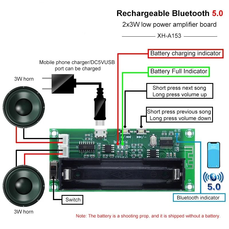 1/3pcs XH-A153 Lithium Battery Bluetooth 5.0 Dual-channel 2 Ch Channel Stereo Low Power Amplifier Board 3W+3W DC 5V PAM8403