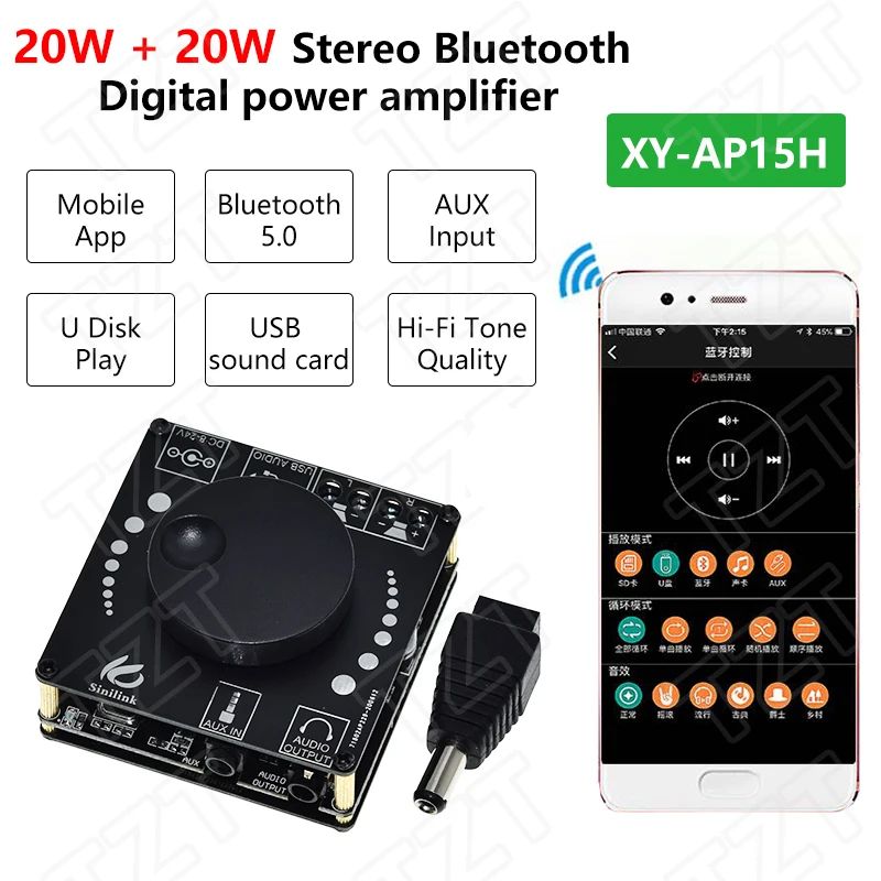 TZT TPA3116 AP15H Bluetooth 5.0 20W+20W Power Digital Amplifier Stereo Board AMP Amplificador Home Theater 12V 24V 3.5mm AUX USB