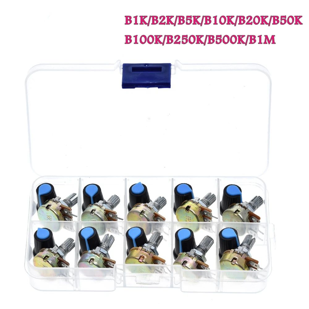 TZT WH148 Potentiometer Kit B1K 2K 5K 10K 20K 50K 100K 500K 1M 15mm Linear Taper Rotary Potentiometer Resistor Set 3pin With Cap