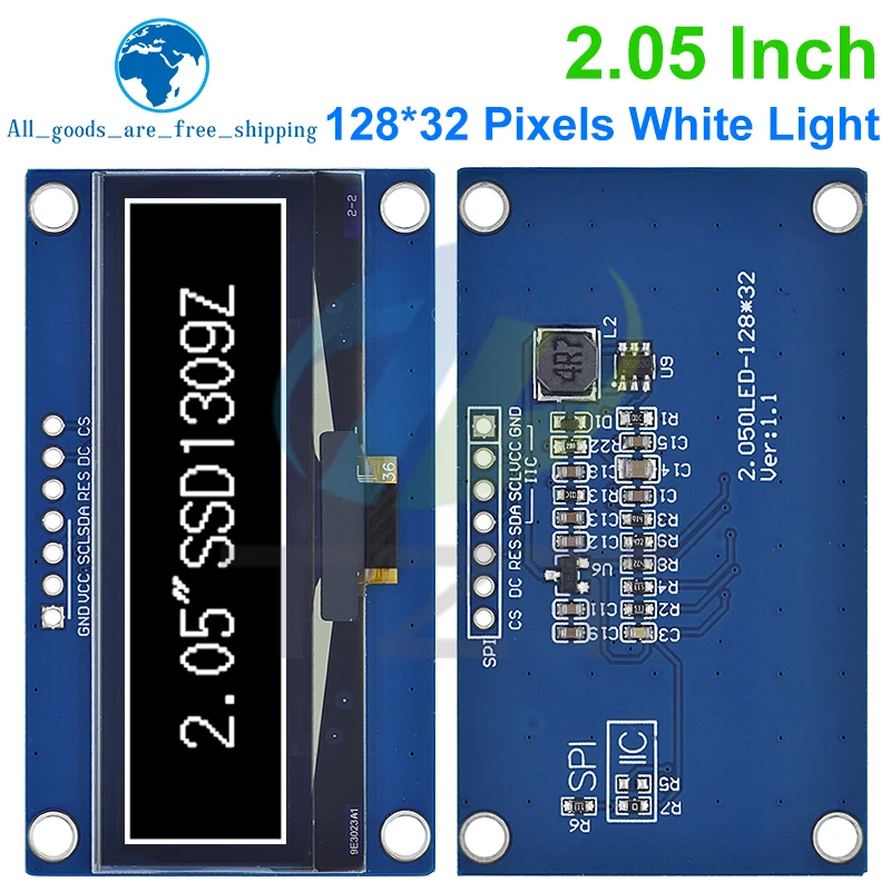 2.05 Inch OLED Display TZT 128*32 LCD Module White Colour SSD1309 Controller Support Interface SPI For Arduino