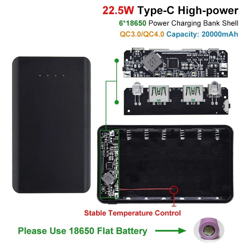 TZT QC4.0 QC3.0 Dual USB Micro/Type-C USB 6*18650 Power Bank Battery Box 4.5A 22.5W 20000mAh Mobile Phone Charger DIY Shell Case