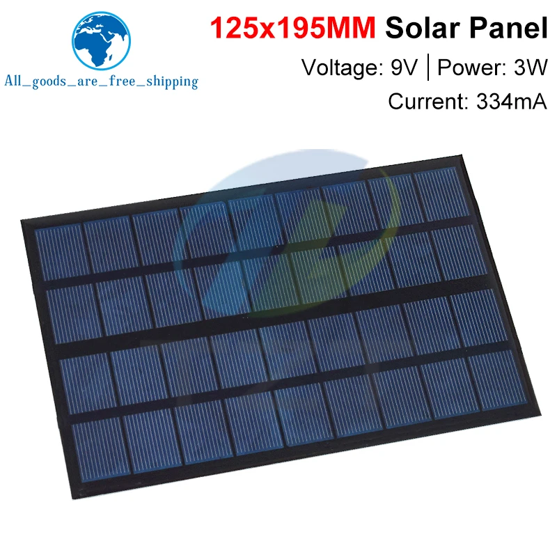 TZT 1/3pcs 9V 334mA 3W Solar Panel Polycrystalline 125*195MM Mini Sunpower Solar System DIY for Battery Cell Phone Charger