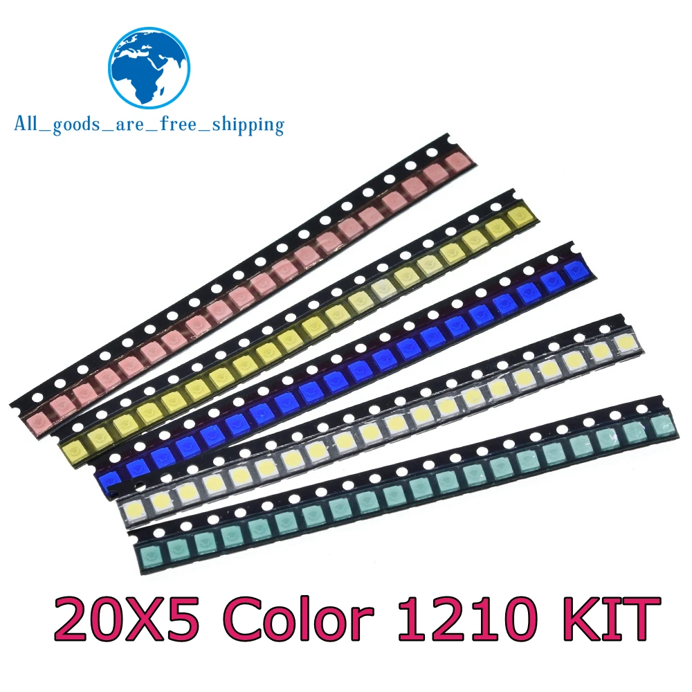 100pcs/lot 5 Colors TZT SMD 1210 Led DIY kit Ultra Bright Red/Green/Blue/Yellow/White Water Clear LED Light Diode set