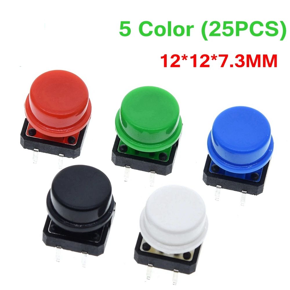 TZT 25PCS Tactile Push Button Switch Momentary 12*12*7.3MM Micro switch button + 25PCS Tact Cap(5 colors) for Arduino Switch